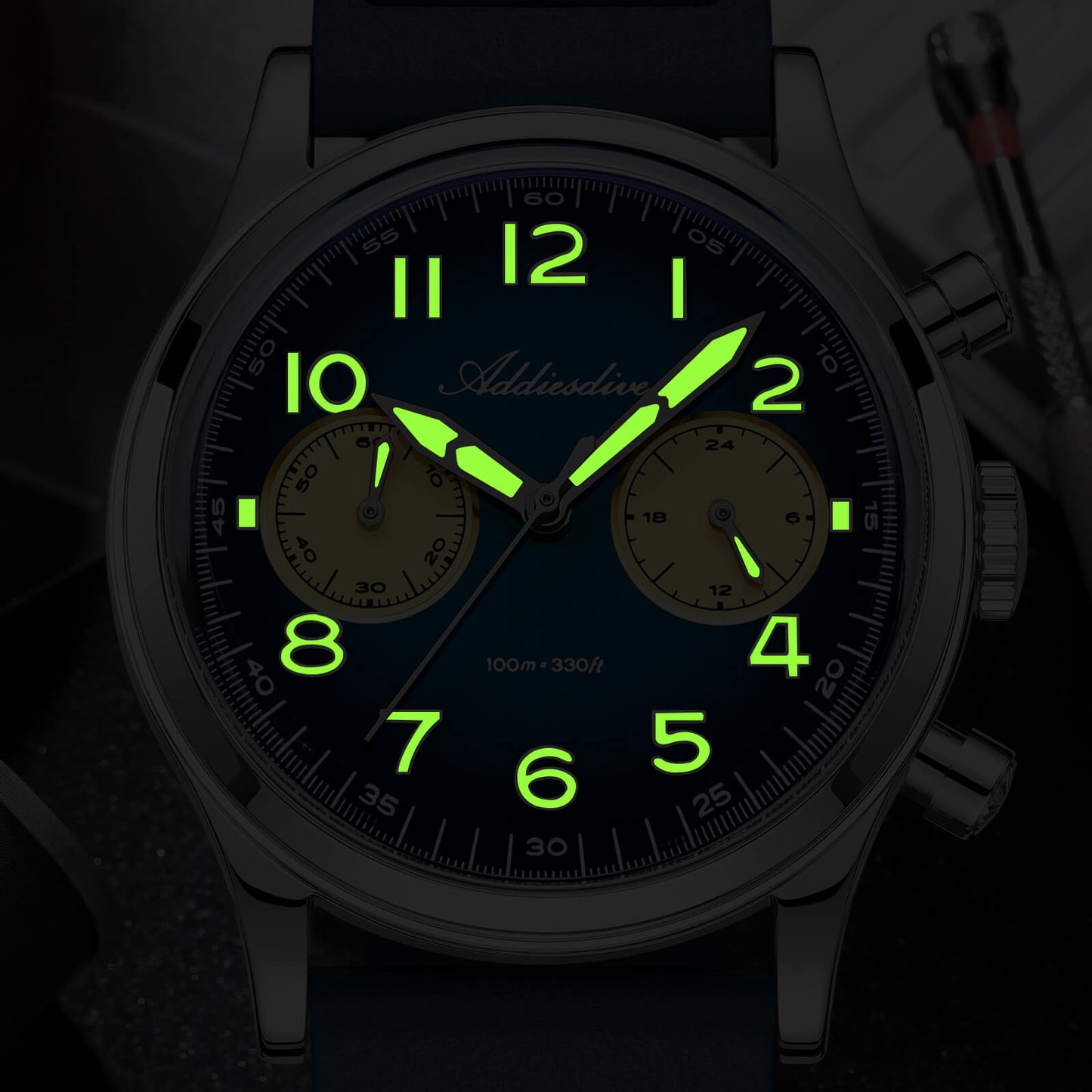 ADDIESDIVE AD2516 – Cronógrafo VK64 de 38 mm de tres subesferas con esfera azul marino / verde bosque para hombre