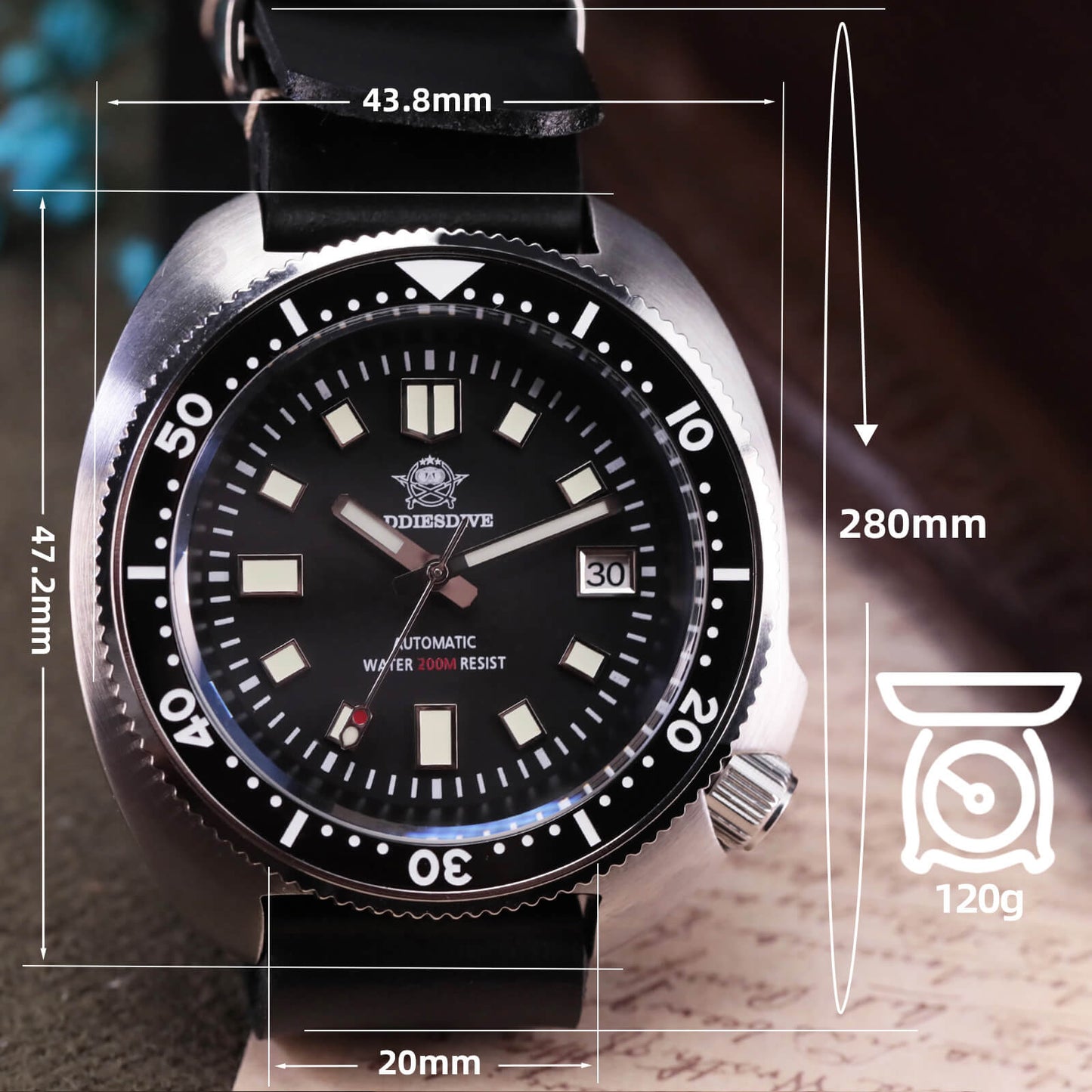ADDIESDIVE® Reloj de buceo automático Captain Willard 200M( MY-H8)-divers watch-Esfera negra con correa de acero-