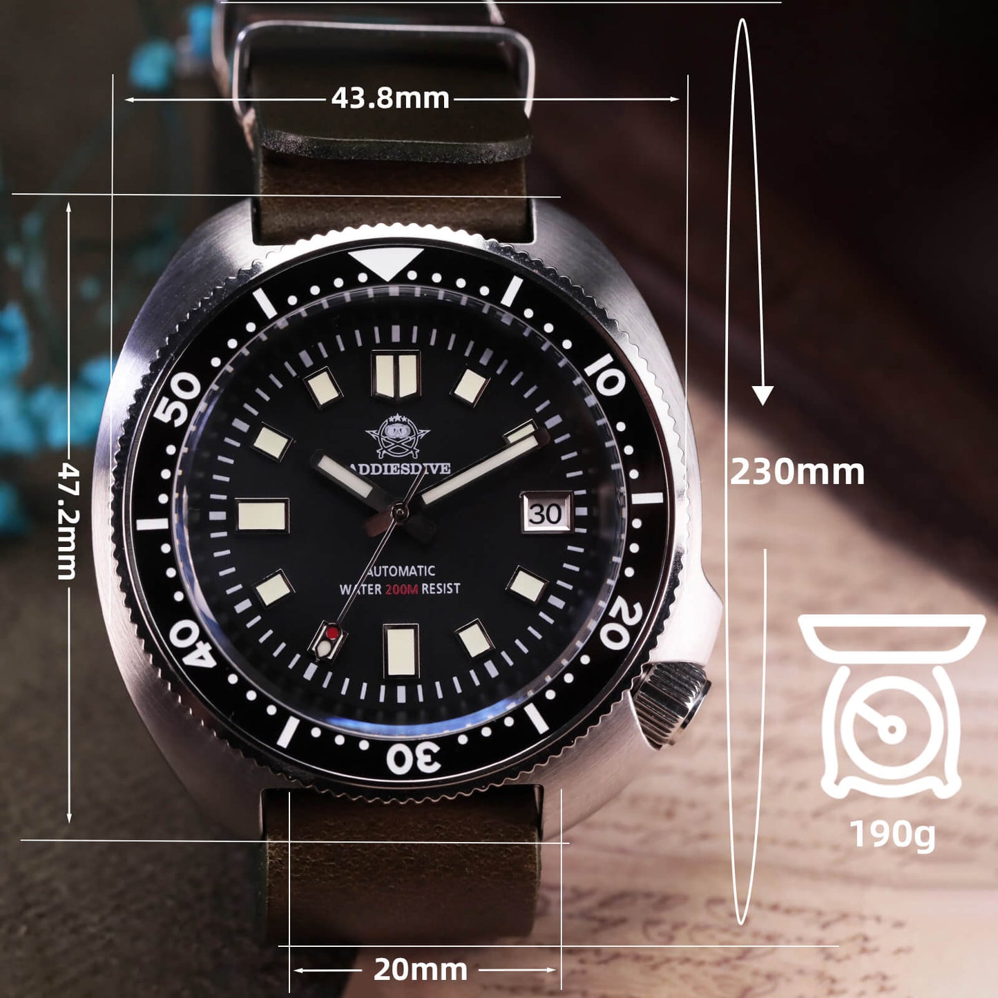 ADDIESDIVE® Reloj de buceo automático Captain Willard 200M( MY-H8)-divers watch-Esfera negra con correa de acero-