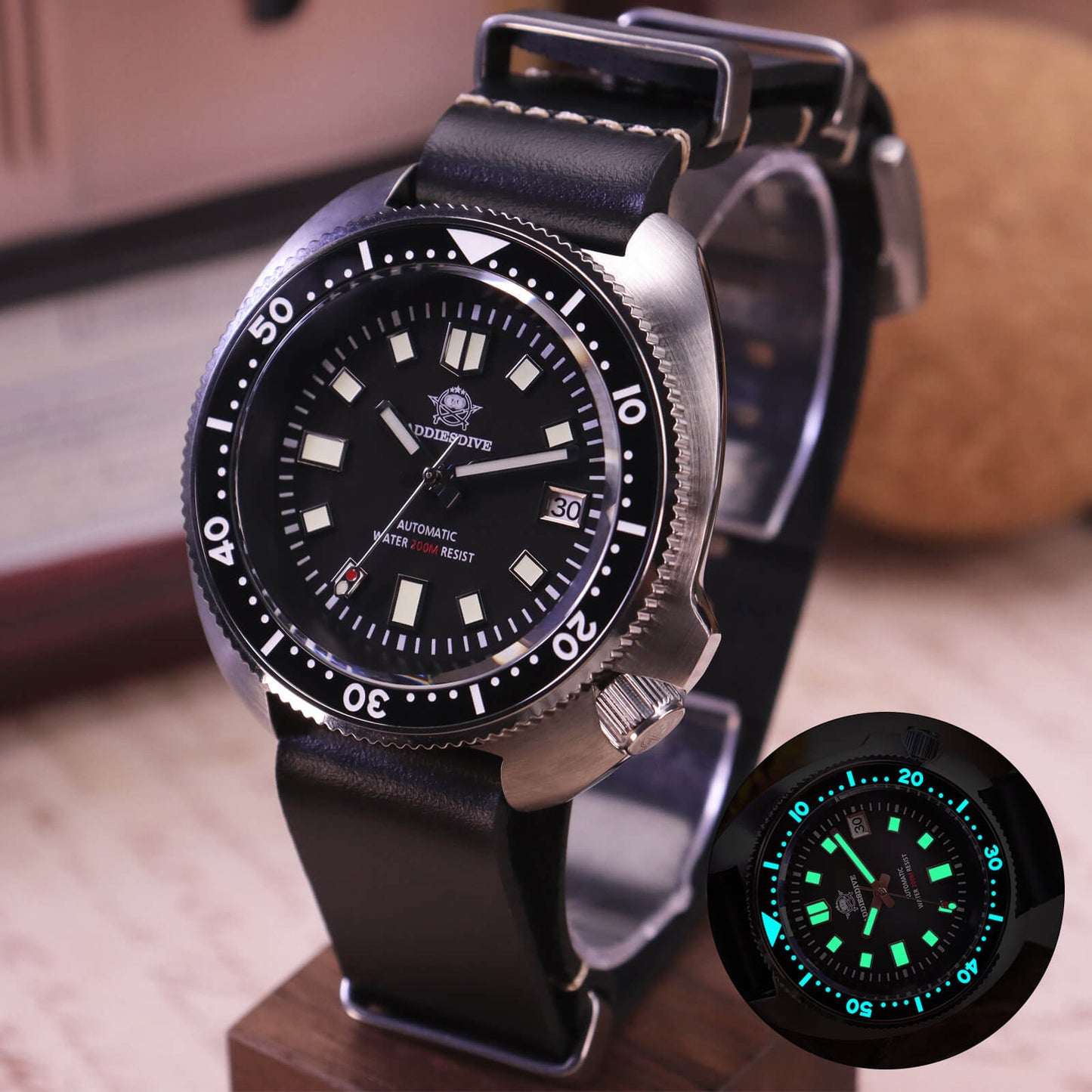ADDIESDIVE® Reloj de buceo automático Captain Willard 200M( MY-H8)-divers watch-Correa de cuero negro-