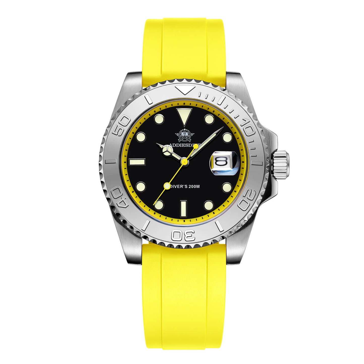 ★Especial Graduación★ADDIESDIVE Reloj deportivo de cuarzo de 41mm resistente al agua 200M (AD2040)-Correa de caucho-Bisel plateado-Amarillo