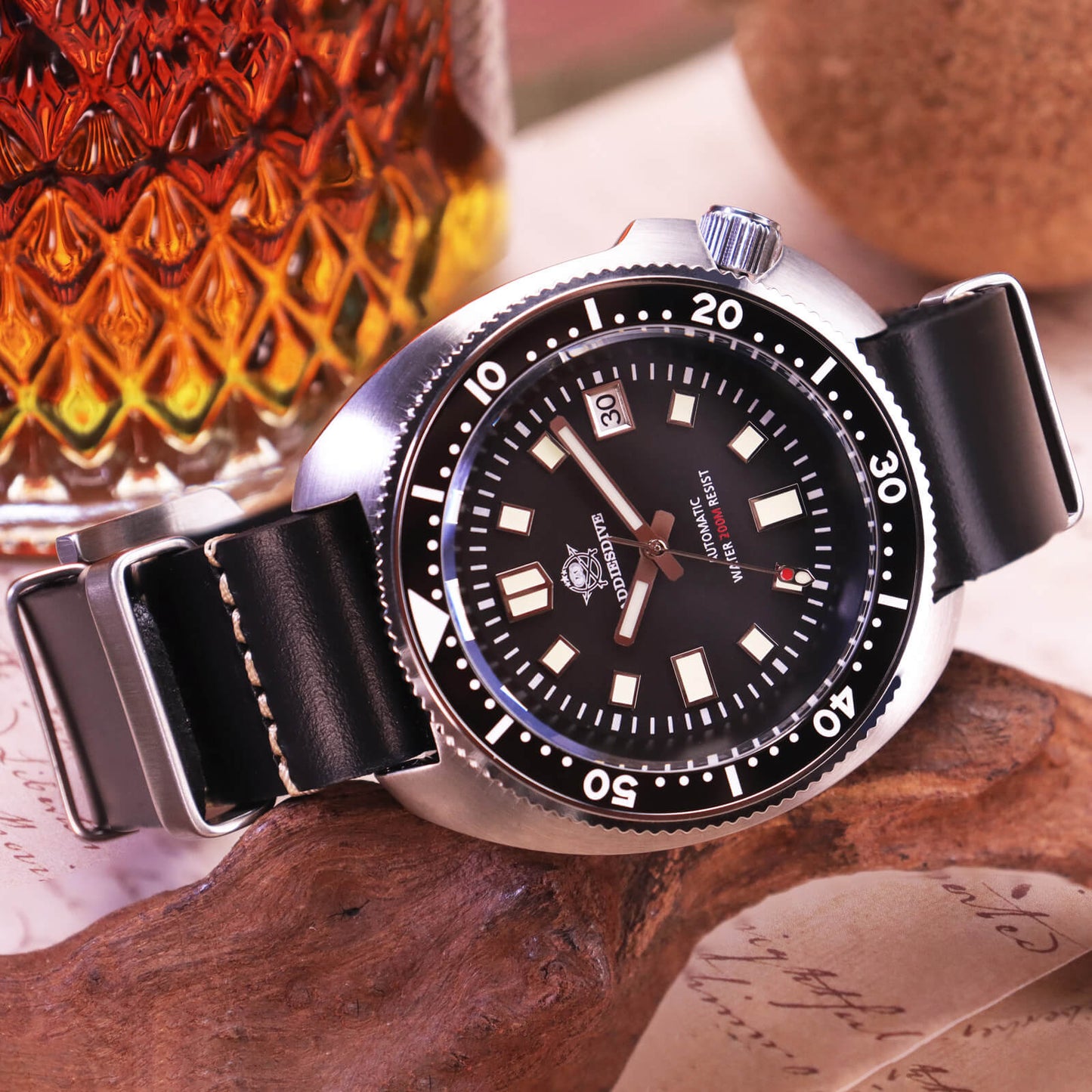 ADDIESDIVE® Reloj de buceo automático Captain Willard 200M( MY-H8)-divers watch-Esfera negra con correa de acero-