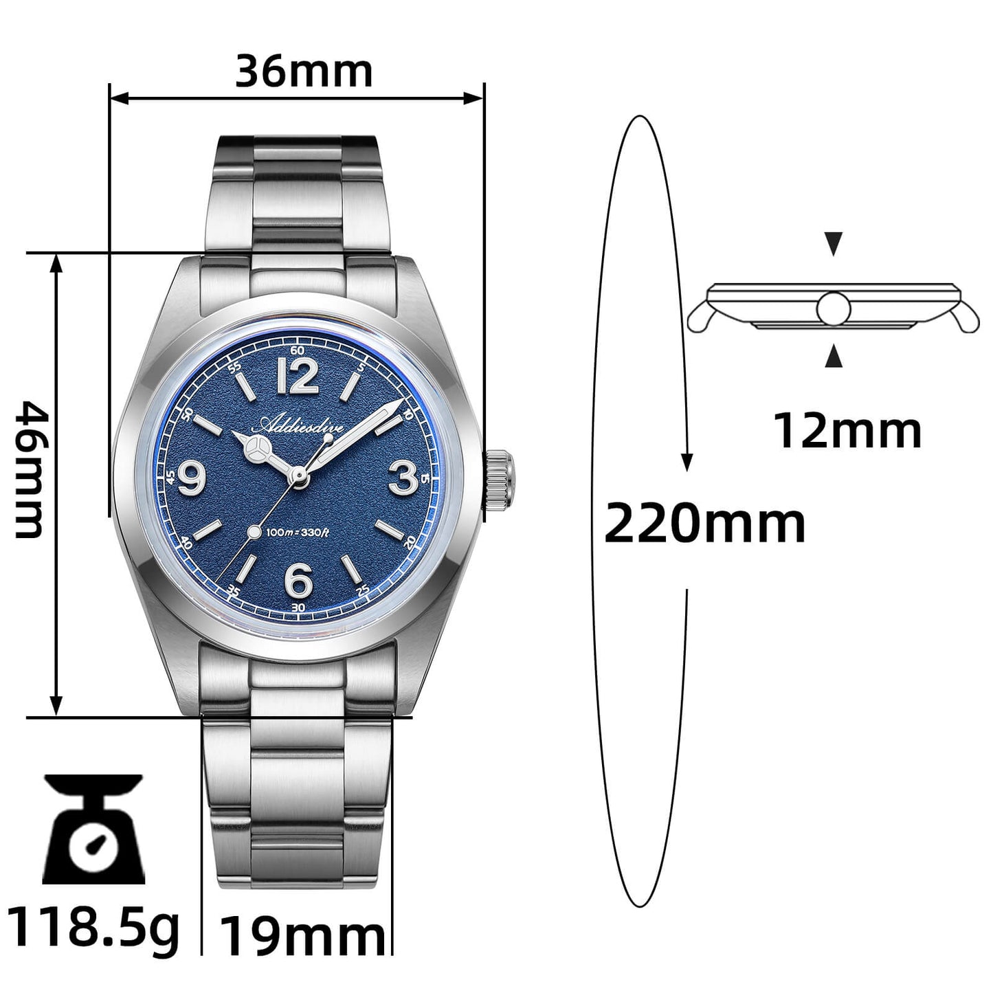 Esfera texturizada estilo arena – ADDIESDIVE AD2518 Reloj de campo VH31 de 36 mm