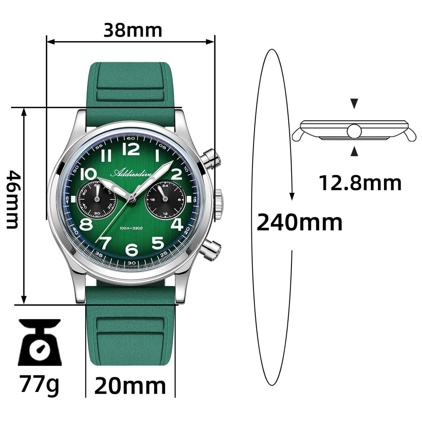 ADDIESDIVE AD2516 – Cronógrafo VK64 de 38 mm de tres subesferas con esfera azul marino / verde bosque para hombre