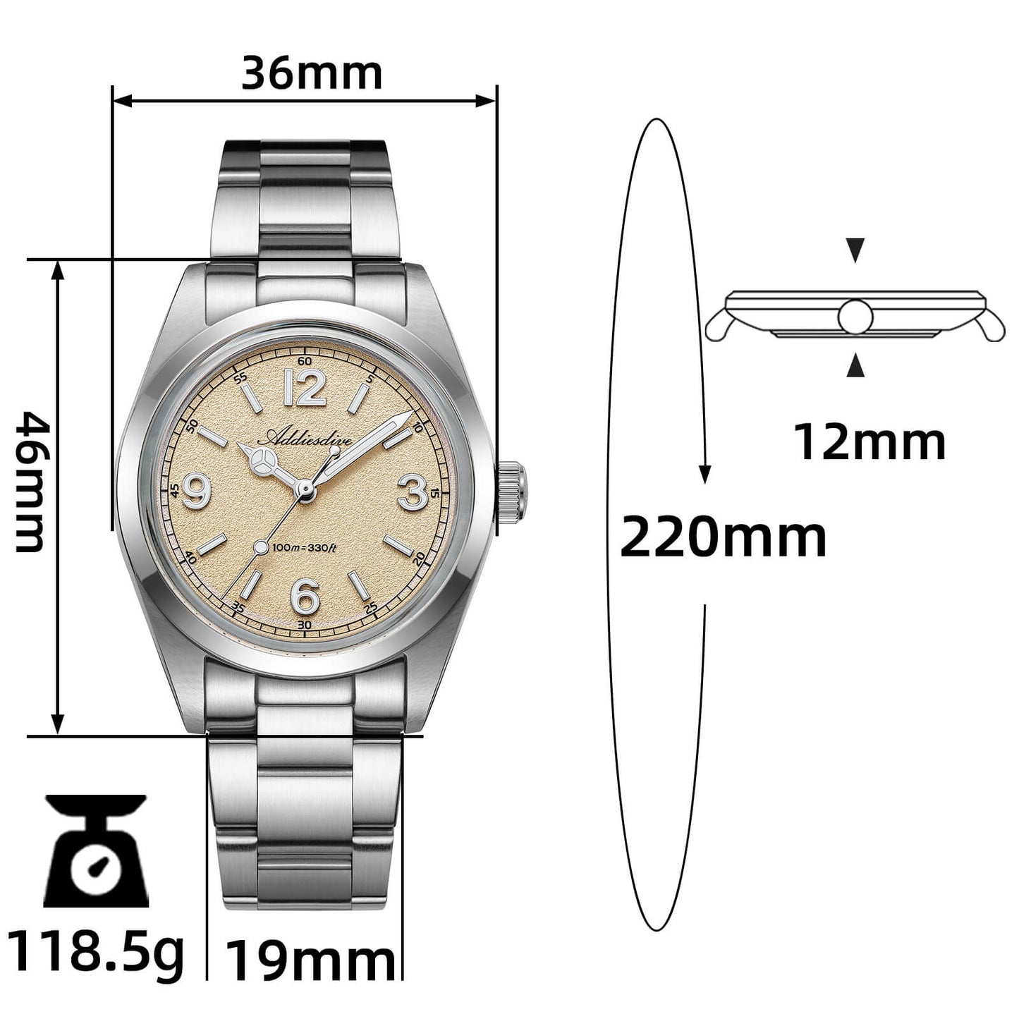 Esfera texturizada estilo arena – ADDIESDIVE AD2518 Reloj de campo VH31 de 36 mm
