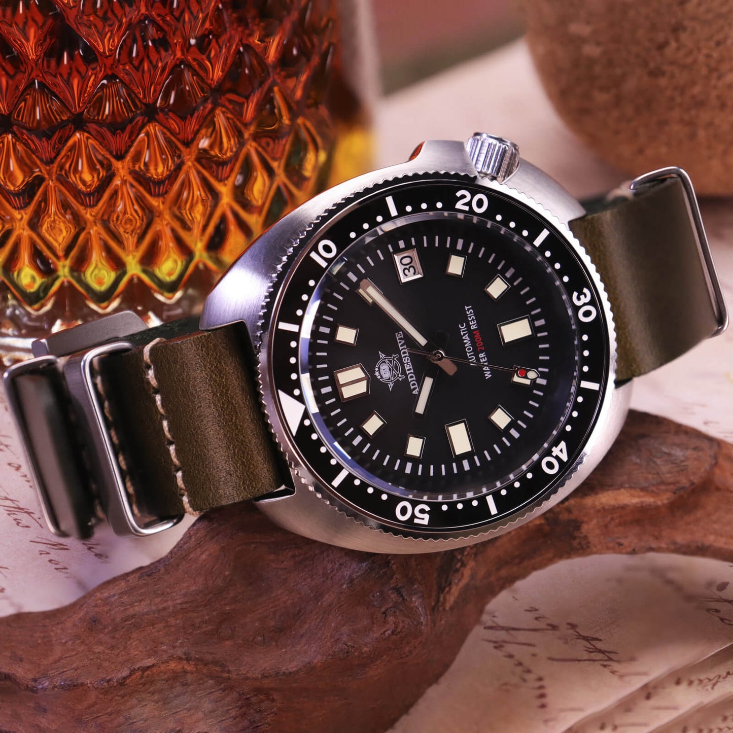 ADDIESDIVE® Reloj de buceo automático Captain Willard 200M( MY-H8)-divers watch-Esfera negra con correa de acero-