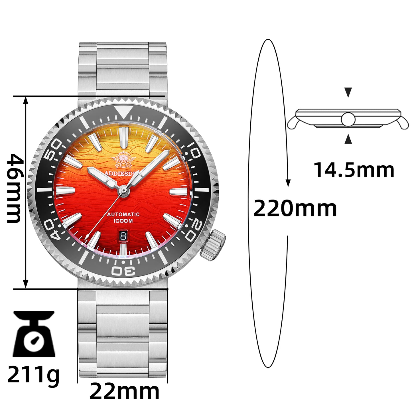 Addiesdive Reloj Buceo 46 mm AD2526 – Elegante Esfera Degradada, Automático Japonés 8215