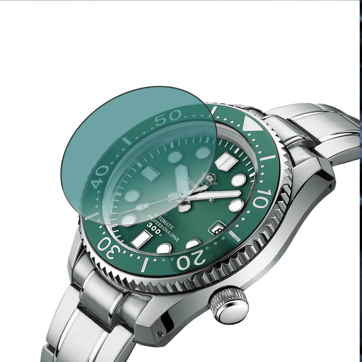 Reloj de buceo con diseño de 44 mm de diámetro, manecillas luminosas y cristal de zafiro curvado, ideal para actividades acuáticas.