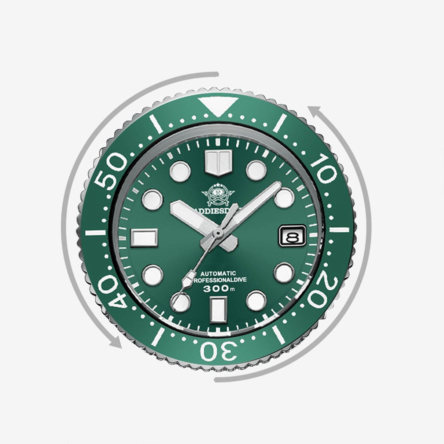Reloj de buceo con diseño de 44 mm de diámetro, manecillas luminosas y cristal de zafiro curvado, ideal para actividades acuáticas.