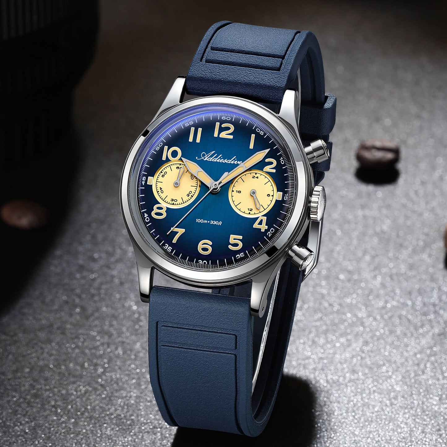 ADDIESDIVE AD2516 – Cronógrafo VK64 de 38 mm de tres subesferas con esfera azul marino / verde bosque para hombre