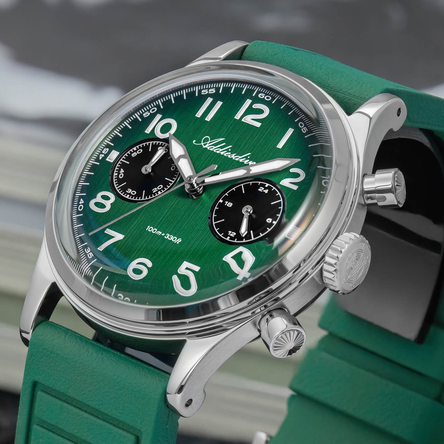 ADDIESDIVE AD2516 – Cronógrafo VK64 de 38 mm de tres subesferas con esfera azul marino / verde bosque para hombre