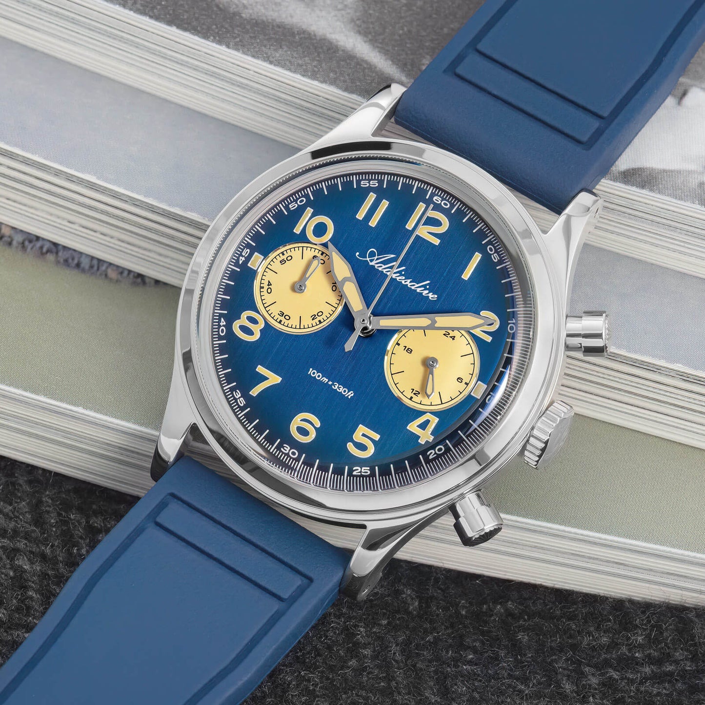 ADDIESDIVE AD2516 – Cronógrafo VK64 de 38 mm de tres subesferas con esfera azul marino / verde bosque para hombre