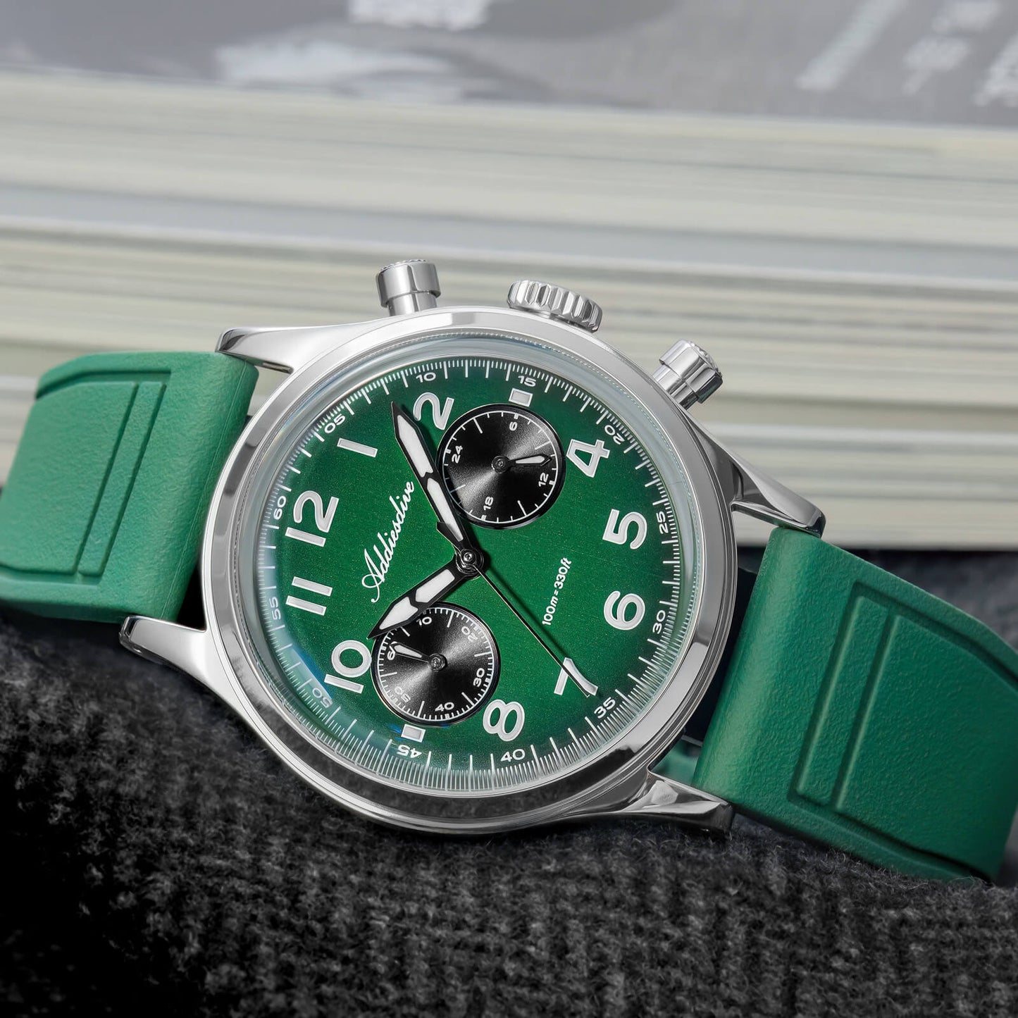 ADDIESDIVE AD2516 – Cronógrafo VK64 de 38 mm de tres subesferas con esfera azul marino / verde bosque para hombre