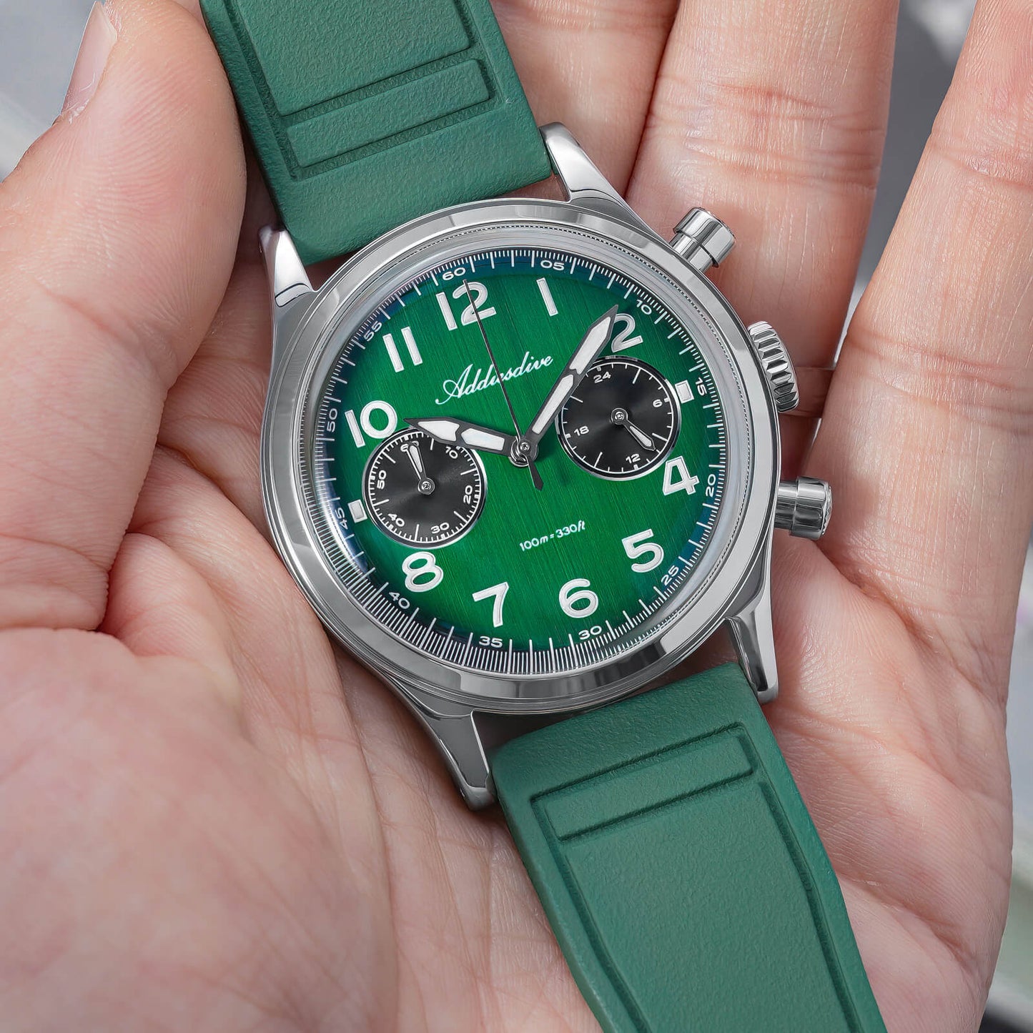 ADDIESDIVE AD2516 – Cronógrafo VK64 de 38 mm de tres subesferas con esfera azul marino / verde bosque para hombre