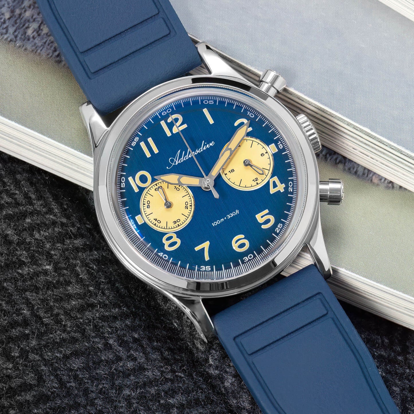 ADDIESDIVE AD2516 – Cronógrafo VK64 de 38 mm de tres subesferas con esfera azul marino / verde bosque para hombre