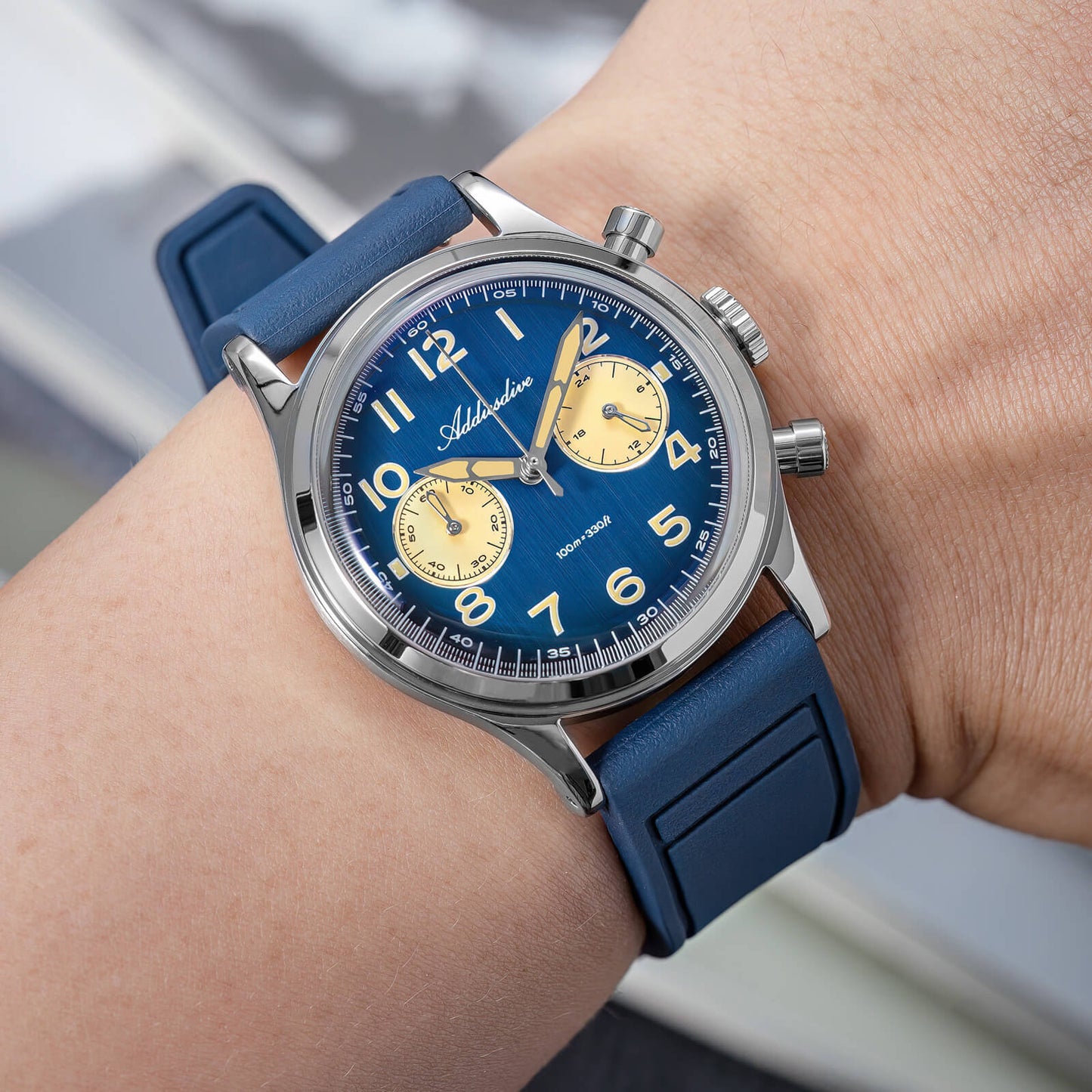 ADDIESDIVE AD2516 – Cronógrafo VK64 de 38 mm de tres subesferas con esfera azul marino / verde bosque para hombre