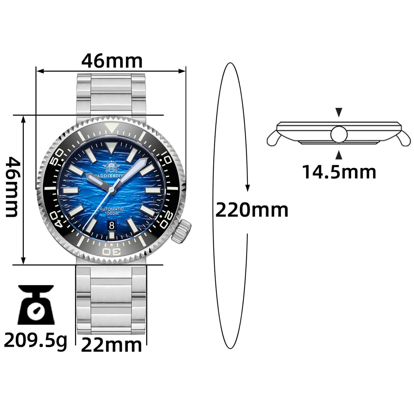 ★Especial Graduación★Addiesdive Reloj de buceo 46mm 1000m AD2069-Blanco-