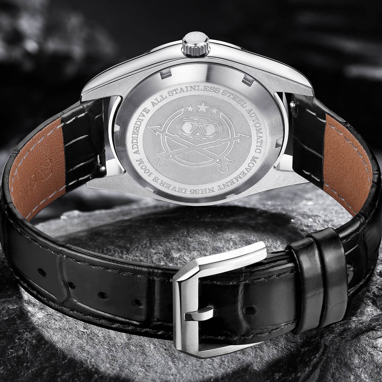 ADDIESDIVE Esfera blanca de acero inoxidable para hombre con correa de piel negra AD2118-pilot watch-Blanco-