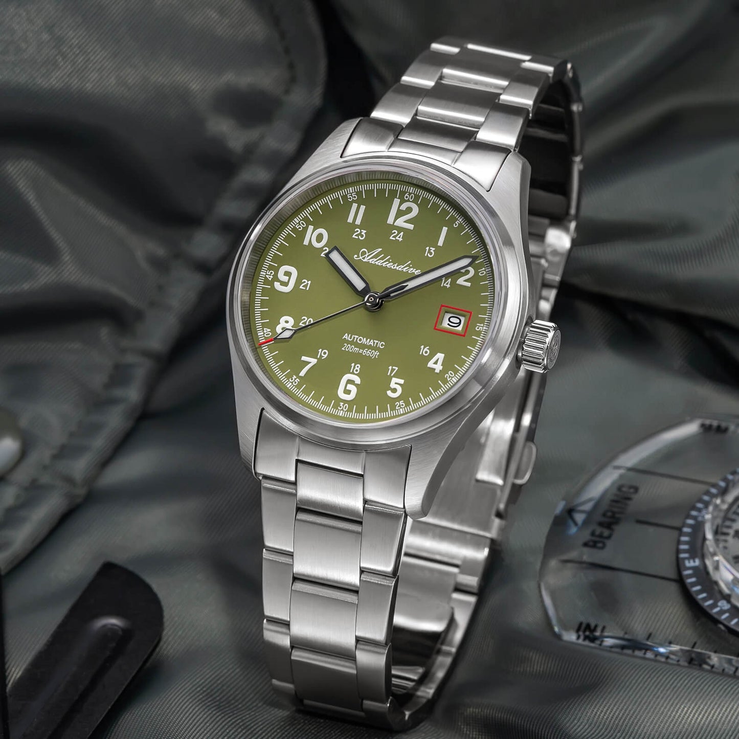 ADDIESDIVE Reloj automático Explore NH35 de 39 mm AD2070-Correa de acero-Negro-
