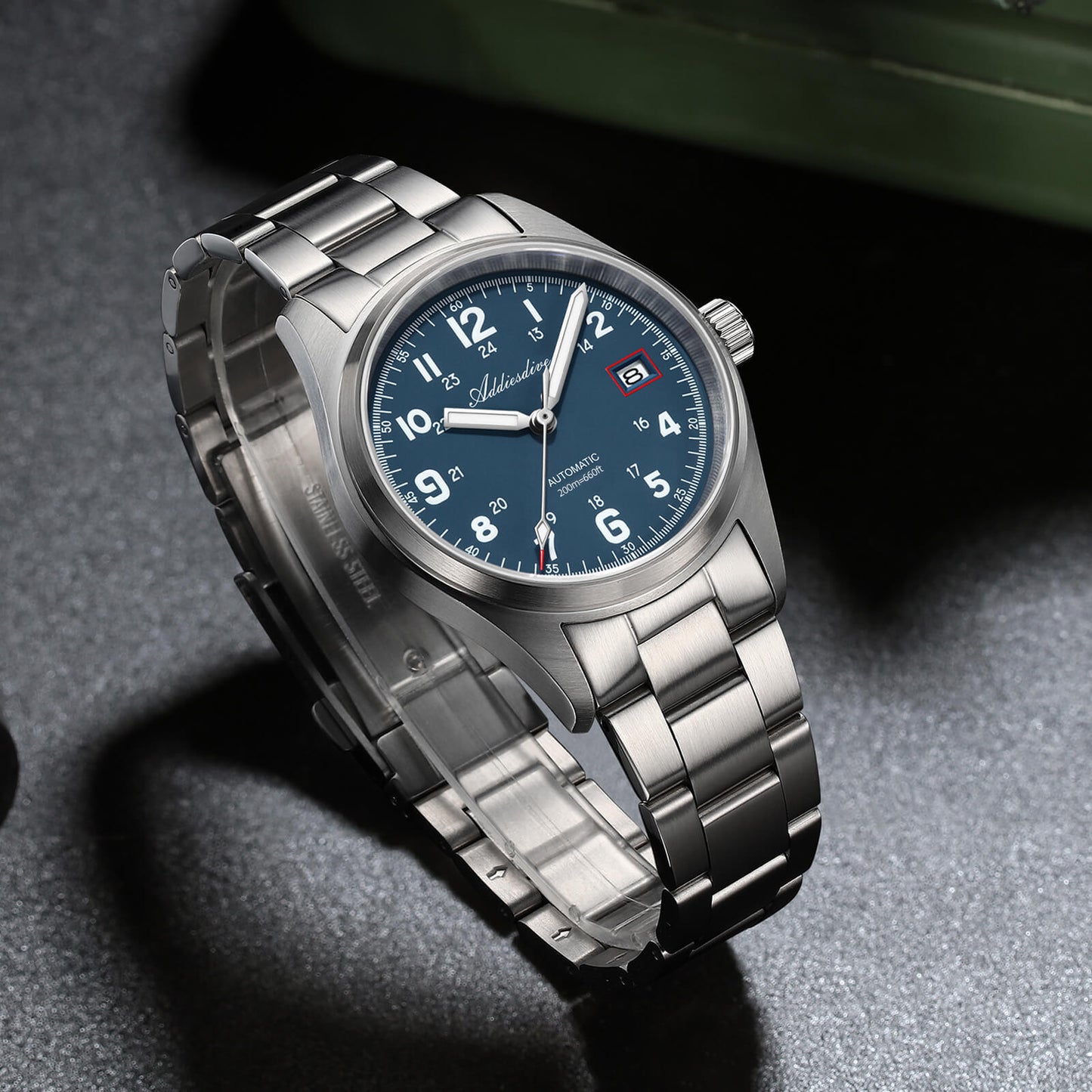 ADDIESDIVE Reloj automático Explore NH35 de 39 mm AD2070-Correa de acero-Negro-