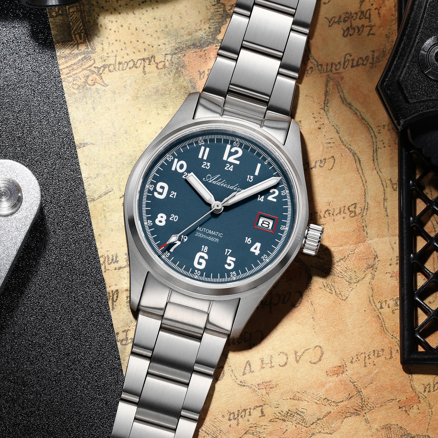 ADDIESDIVE Reloj automático Explore NH35 de 39 mm AD2070-Correa de acero-Negro-