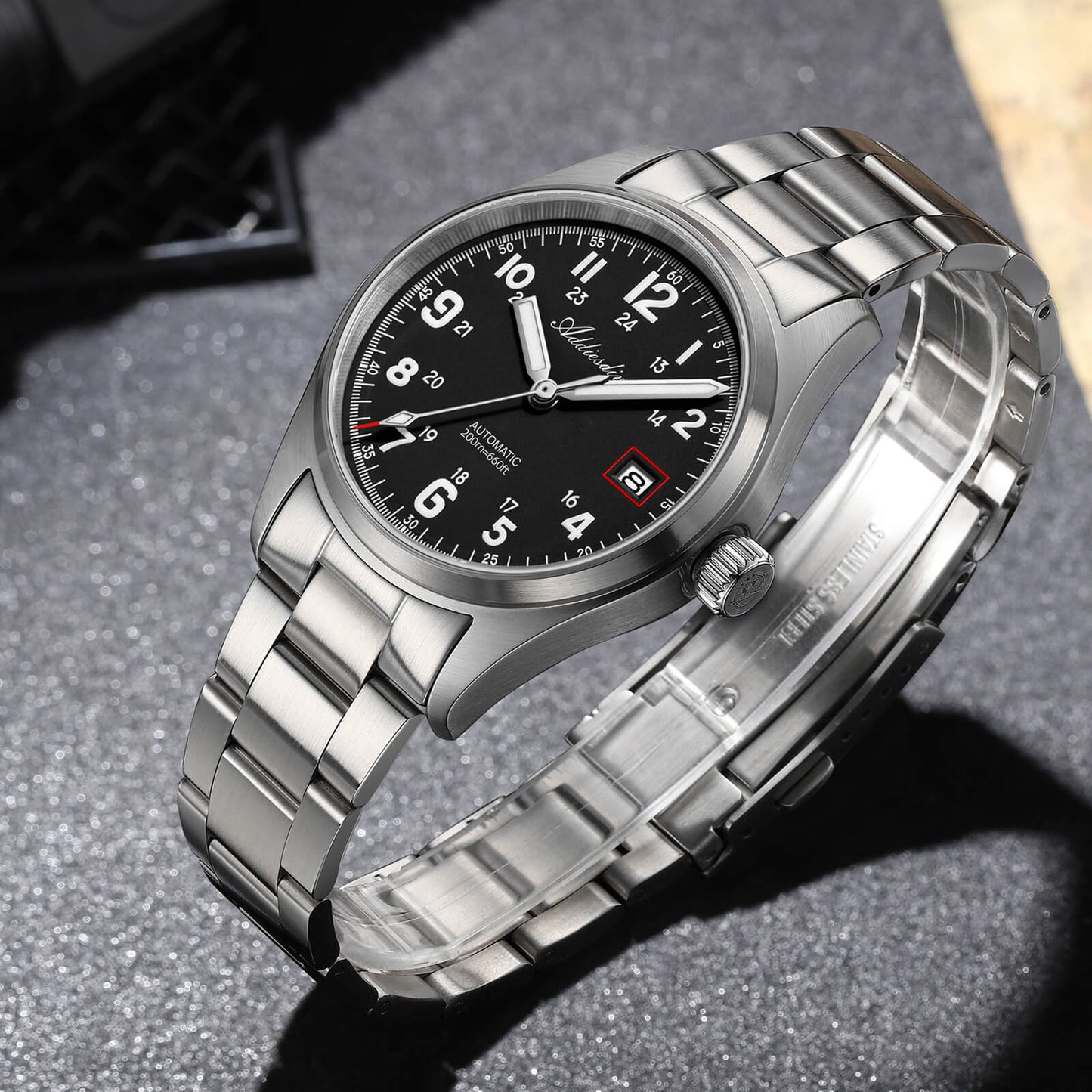 ADDIESDIVE Reloj automático Explore NH35 de 39 mm AD2070-Correa de acero-Negro-