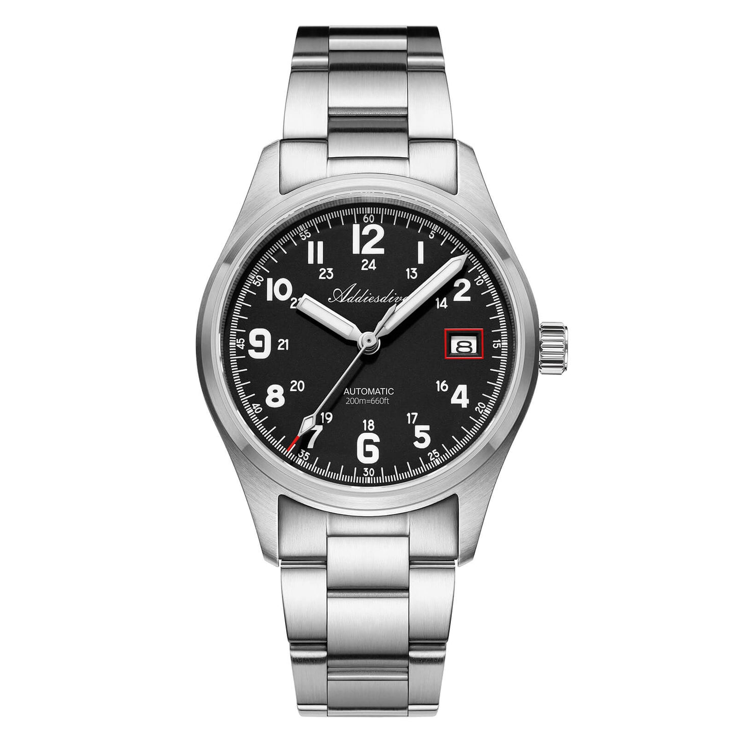 ADDIESDIVE Reloj automático Explore NH35 de 39 mm AD2070-Correa de acero-Negro-