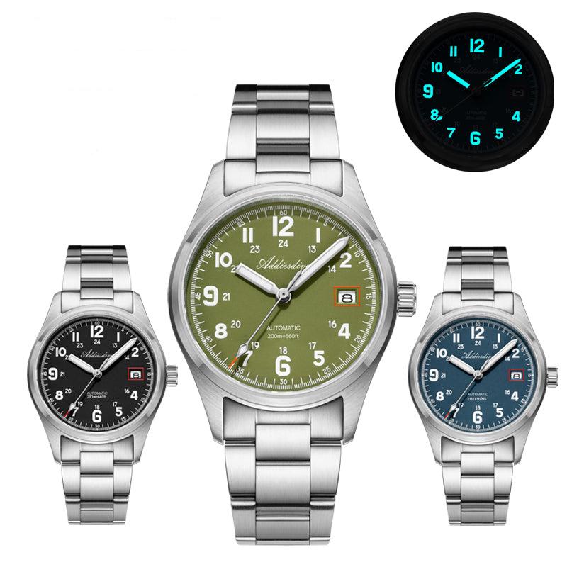 ADDIESDIVE Reloj automático Explore NH35 de 39 mm AD2070-Correa de acero-Negro-