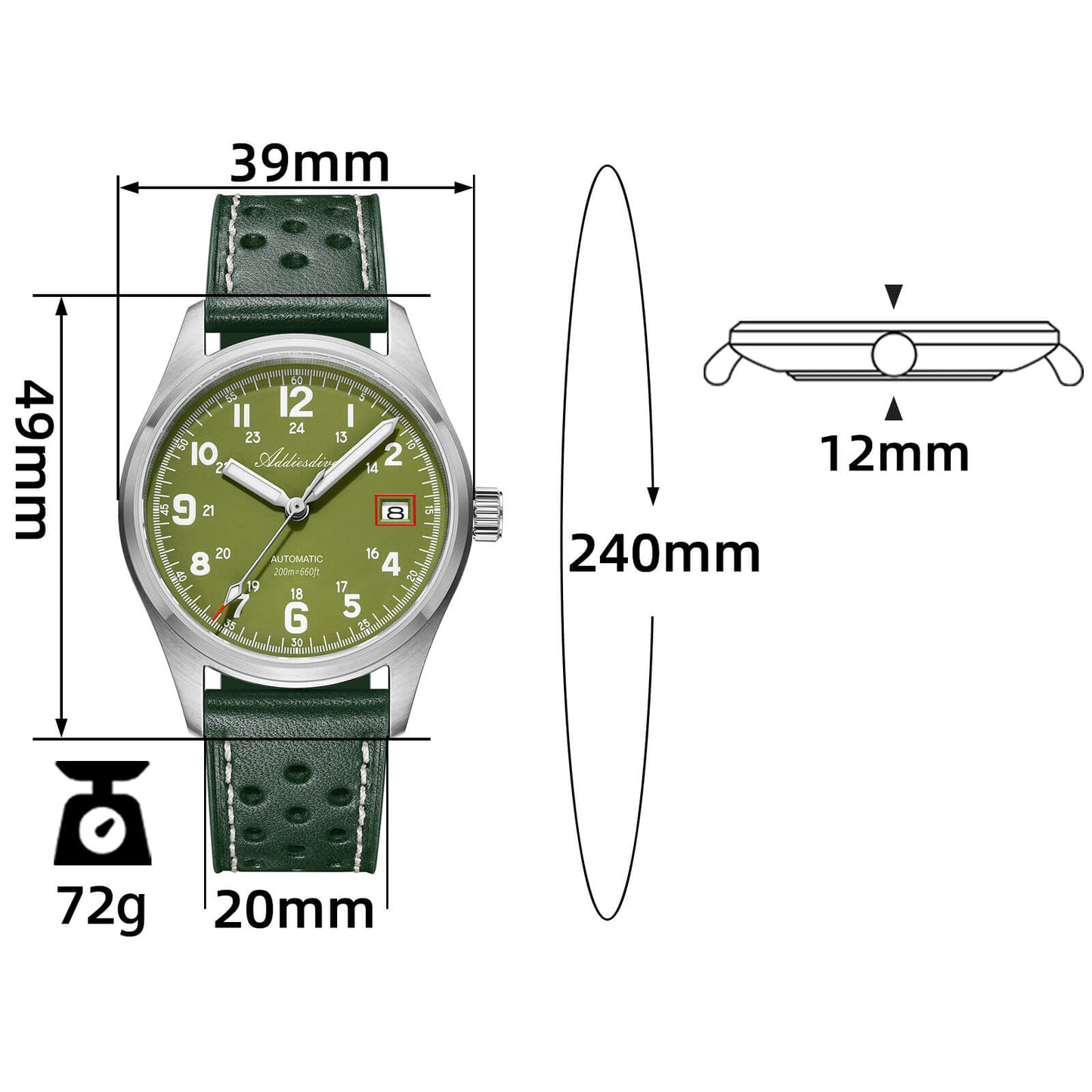ADDIESDIVE Reloj automático Explore NH35 de 39 mm AD2070-Correa de acero-Negro-