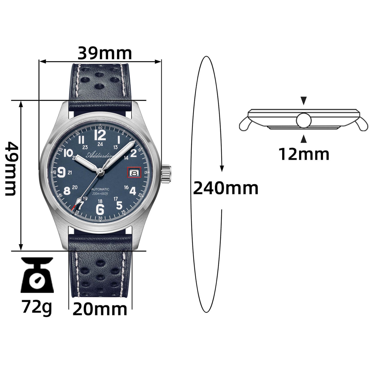 ADDIESDIVE Reloj automático Explore NH35 de 39 mm AD2070-Correa de acero-Negro-