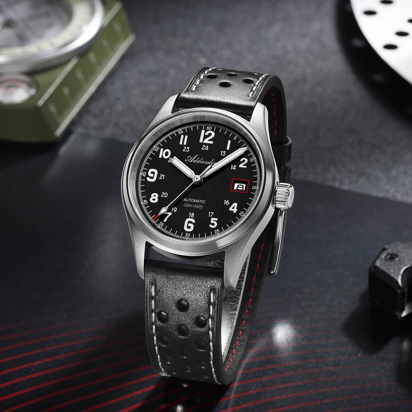 ADDIESDIVE Reloj automático Explore NH35 de 39 mm AD2070-Correa de acero-Negro-