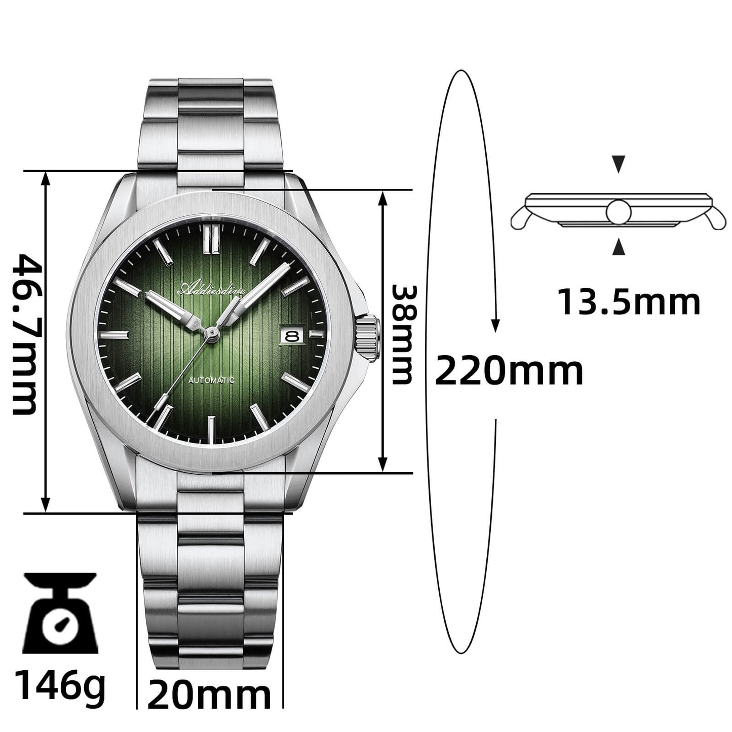 ADDIESDIVE Reloj automático NH35 de 38 mm AD2080-Negro-