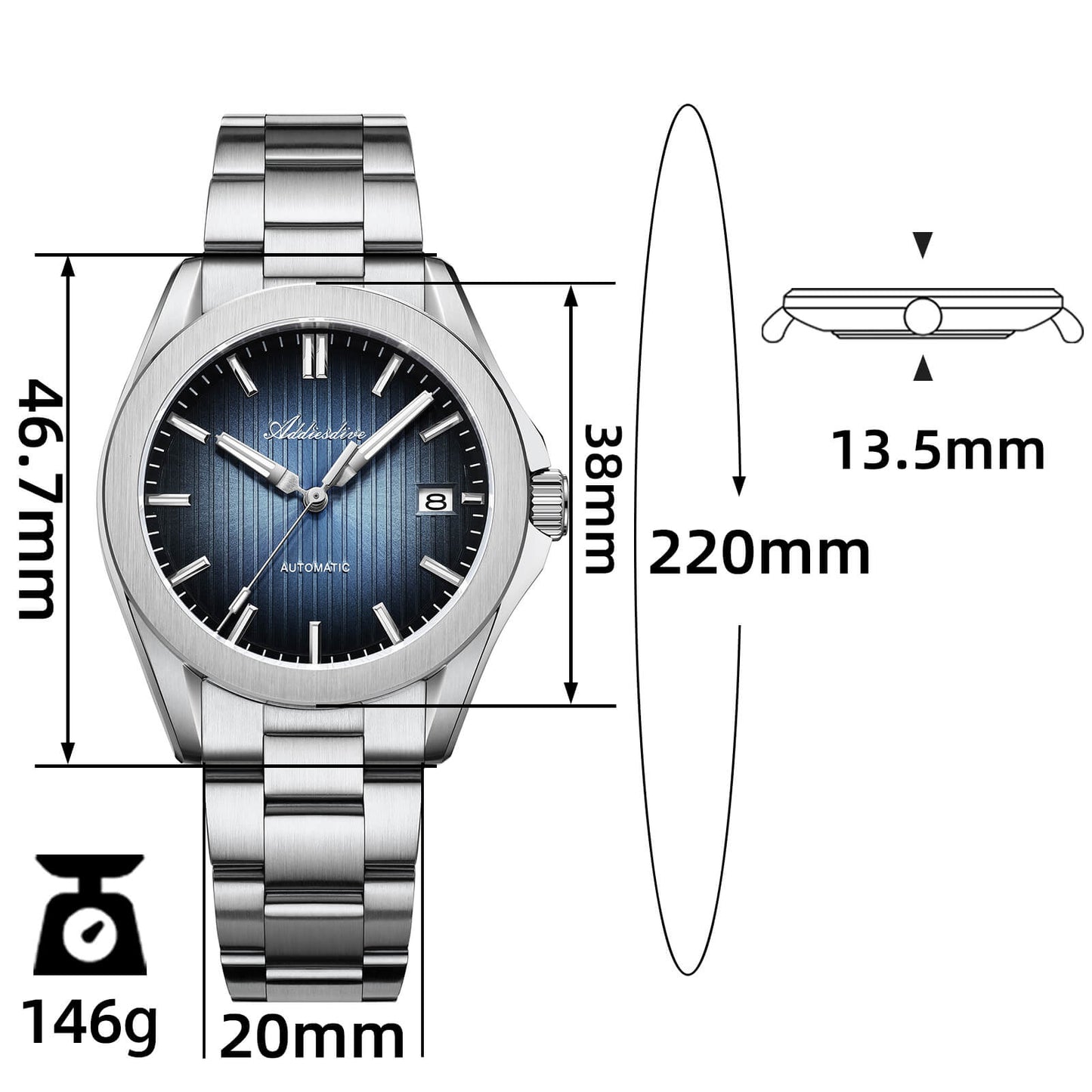 ADDIESDIVE Reloj automático NH35 de 38 mm AD2080-Negro-