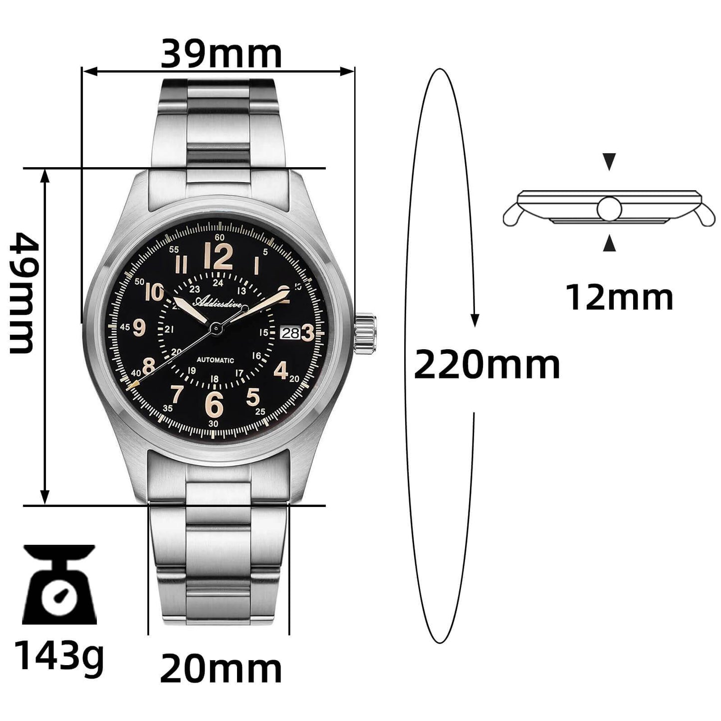 ADDIESDIVE Reloj automático con cristal de zafiro de 39 mm Reloj de campo AD2074-Negro-