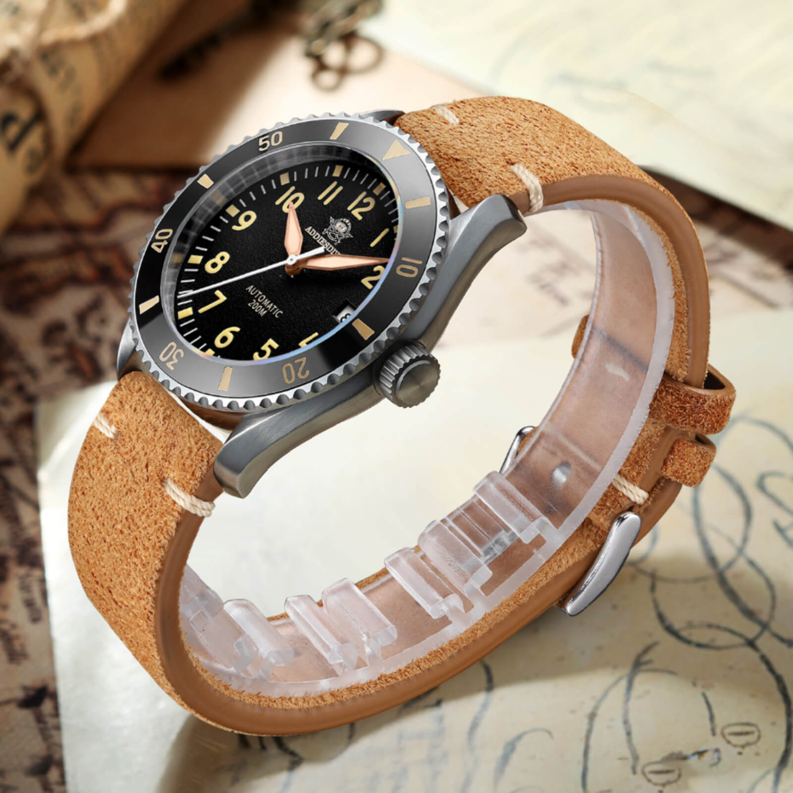 ADDIESDIVE Reloj automático para hombre Diver 200M (MY-H9)-watch-Correa de cuero-
