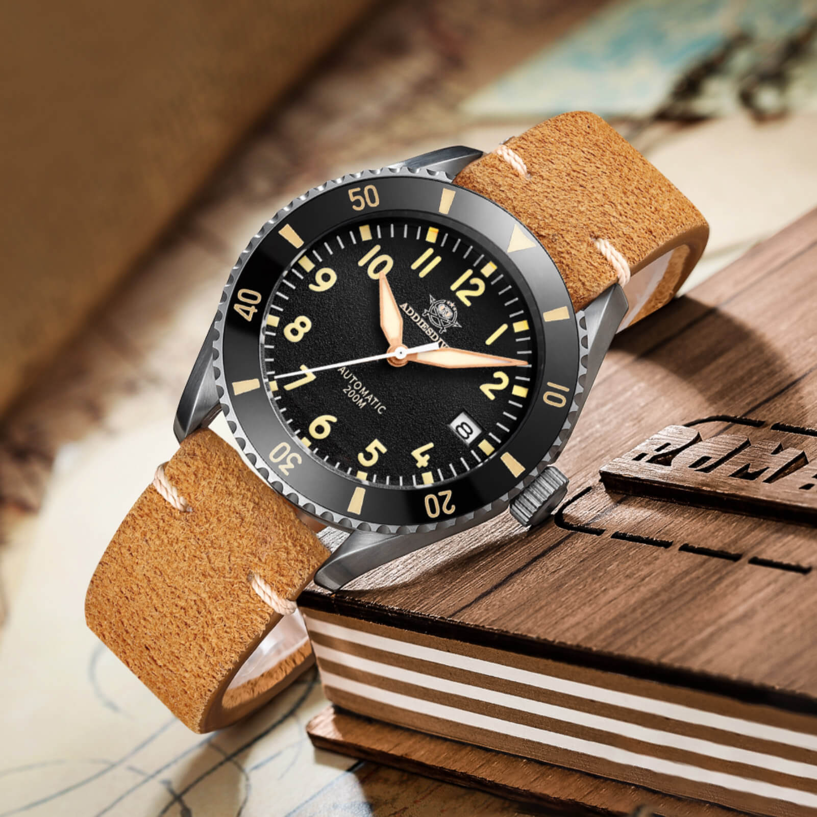 ADDIESDIVE Reloj automático para hombre Diver 200M (MY-H9)-watch-Correa de cuero-