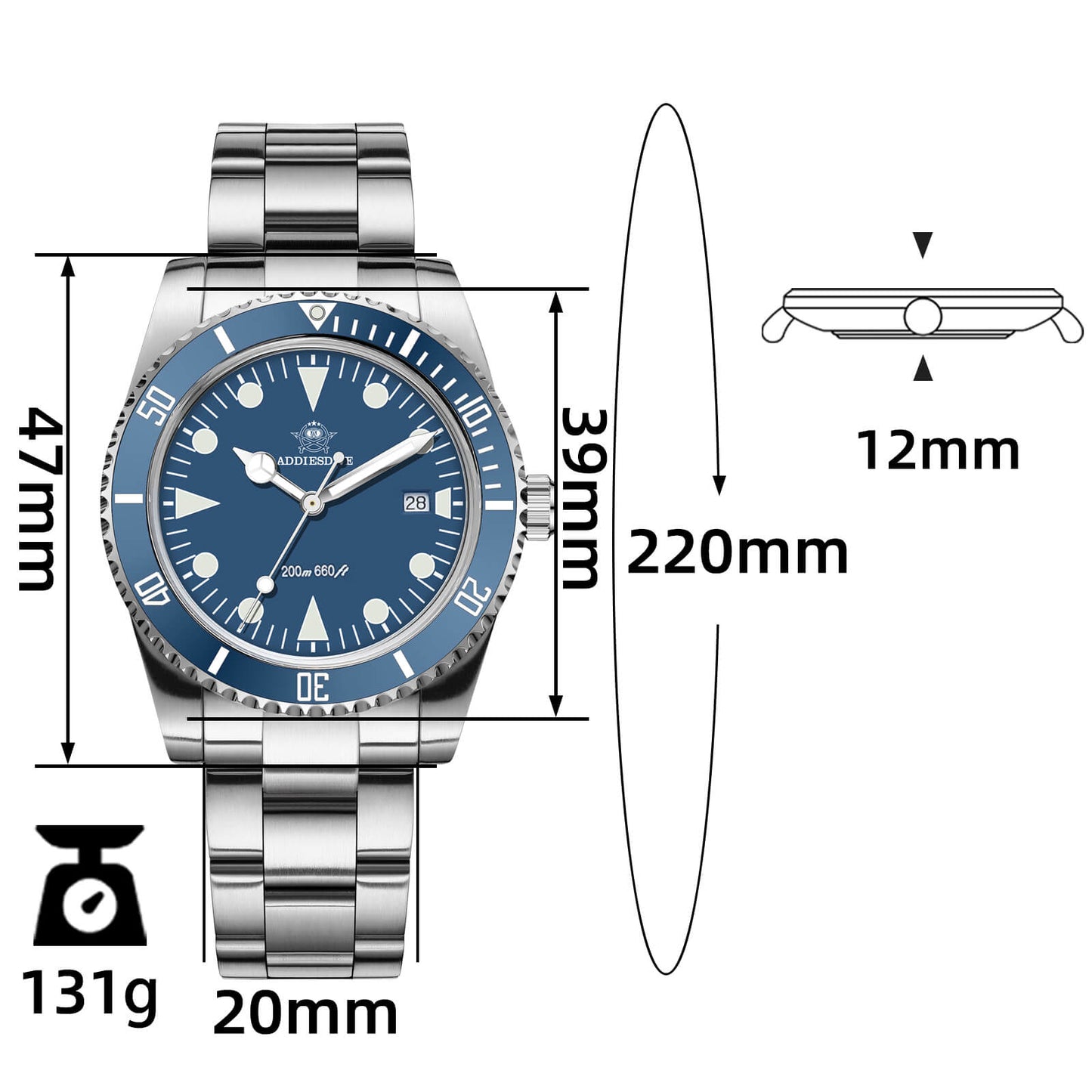 ADDIESDIVE Reloj de Cuarzo de 39 mm con bisel rotatorio bidireccional AD2068-Negro-
