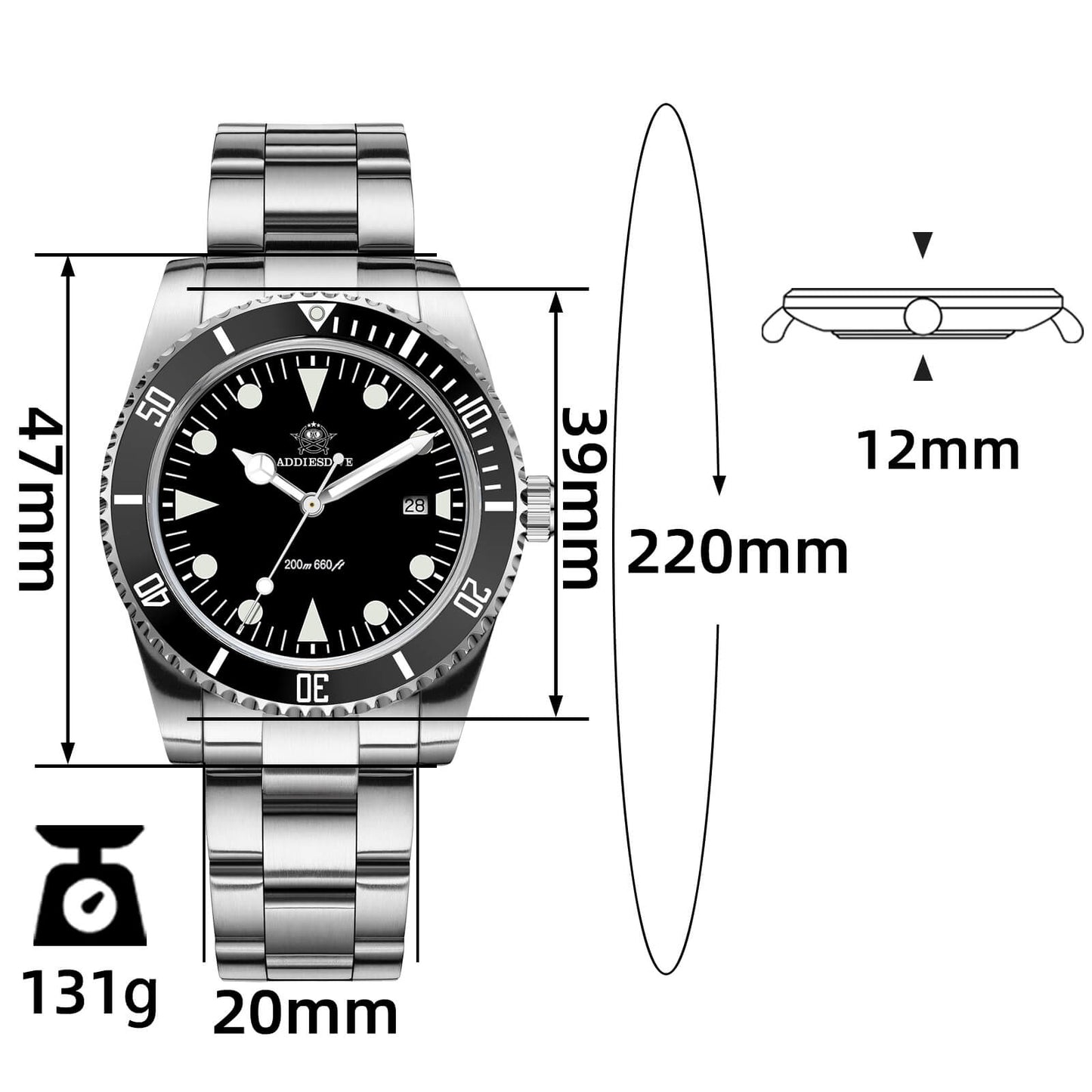 ADDIESDIVE Reloj de Cuarzo de 39 mm con bisel rotatorio bidireccional AD2068-Negro-