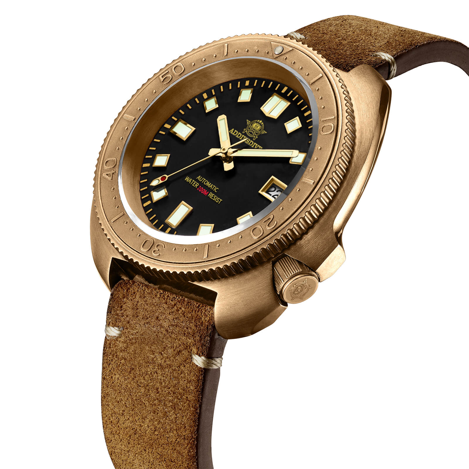 ADDIESDIVE® Reloj de buceo Bronze Turtle 200M (AD2104)-Bisel cerámico luminoso-correa de cuero-hebilla de acero