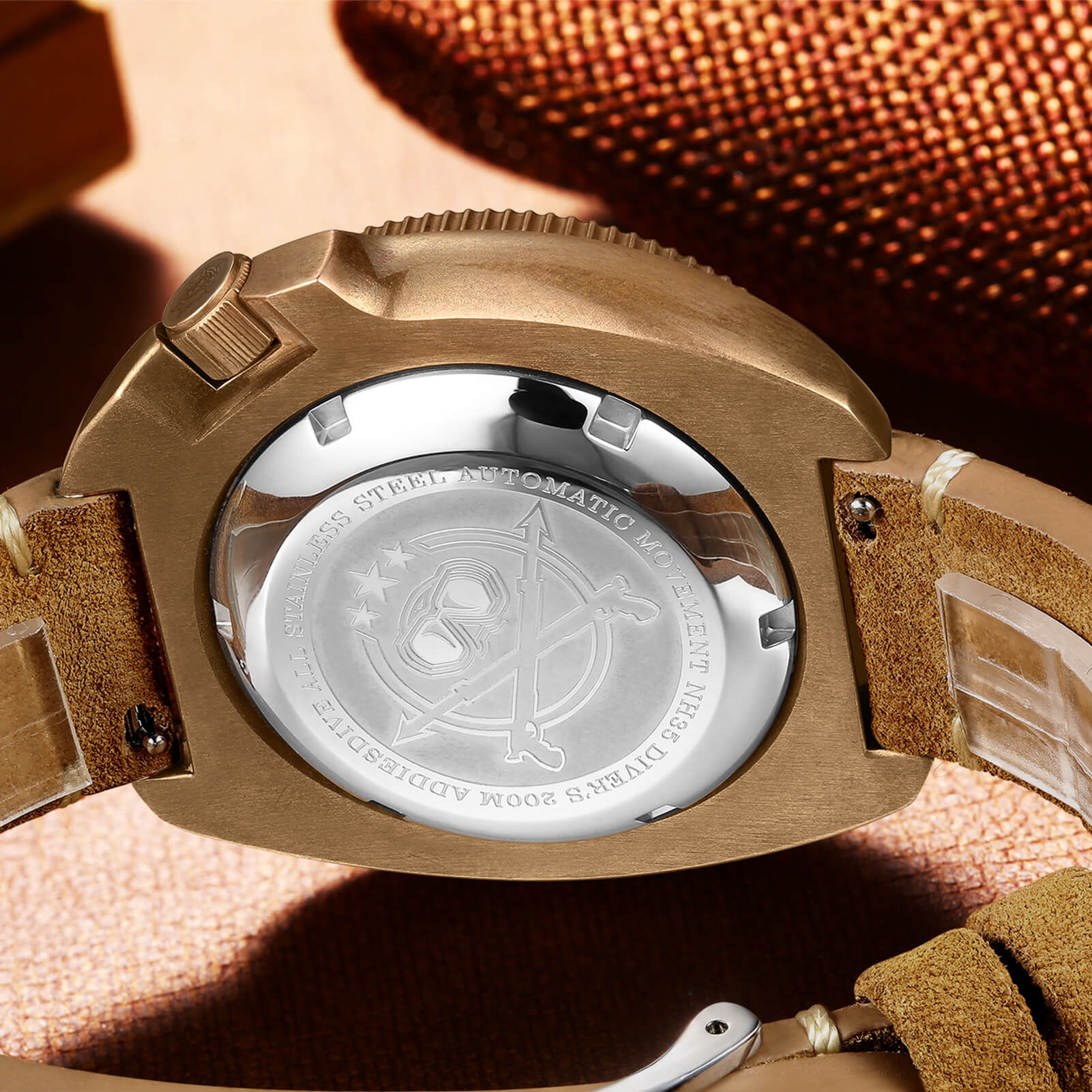 ADDIESDIVE® Reloj de buceo Bronze Turtle 200M (AD2104)-Bisel cerámico luminoso-correa de cuero-hebilla de acero