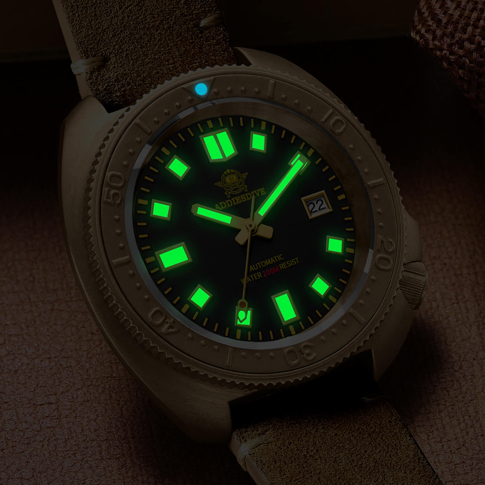 ADDIESDIVE® Reloj de buceo Bronze Turtle 200M (AD2104)-Bisel cerámico luminoso-correa de cuero-hebilla de acero