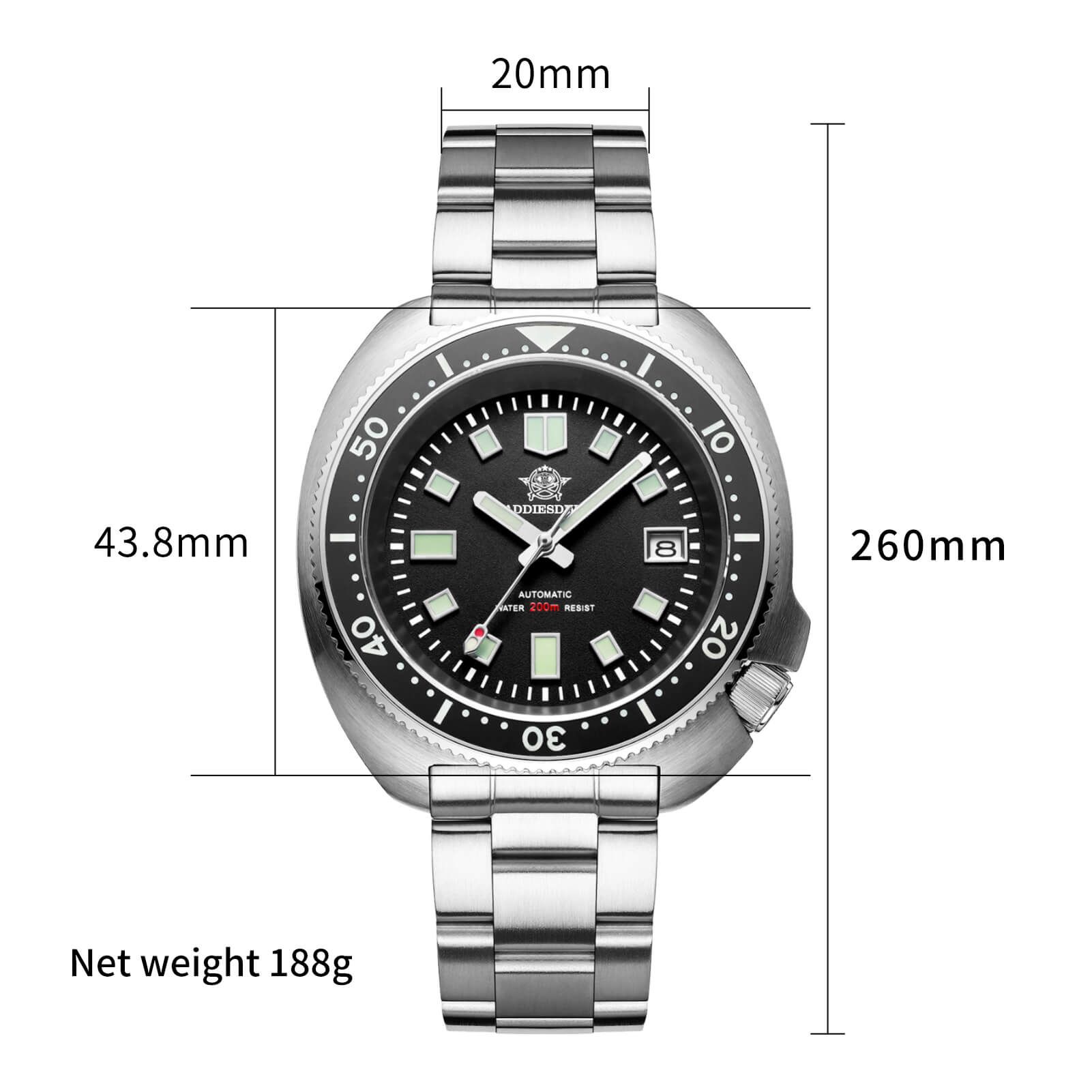 ADDIESDIVE® Reloj de buceo automático Captain Willard 200M( MY-H8)-divers watch-Esfera negra con correa de acero-