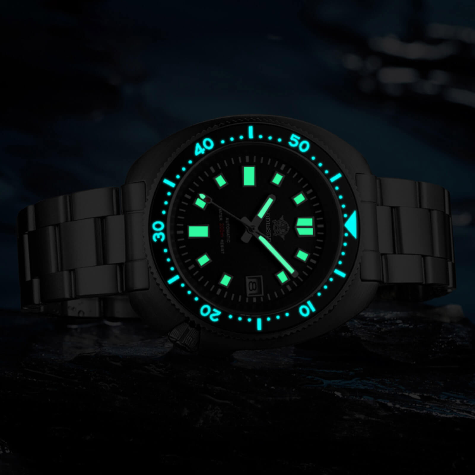 ADDIESDIVE® Reloj de buceo automático Captain Willard 200M( MY-H8)-divers watch-Esfera negra con correa de acero-