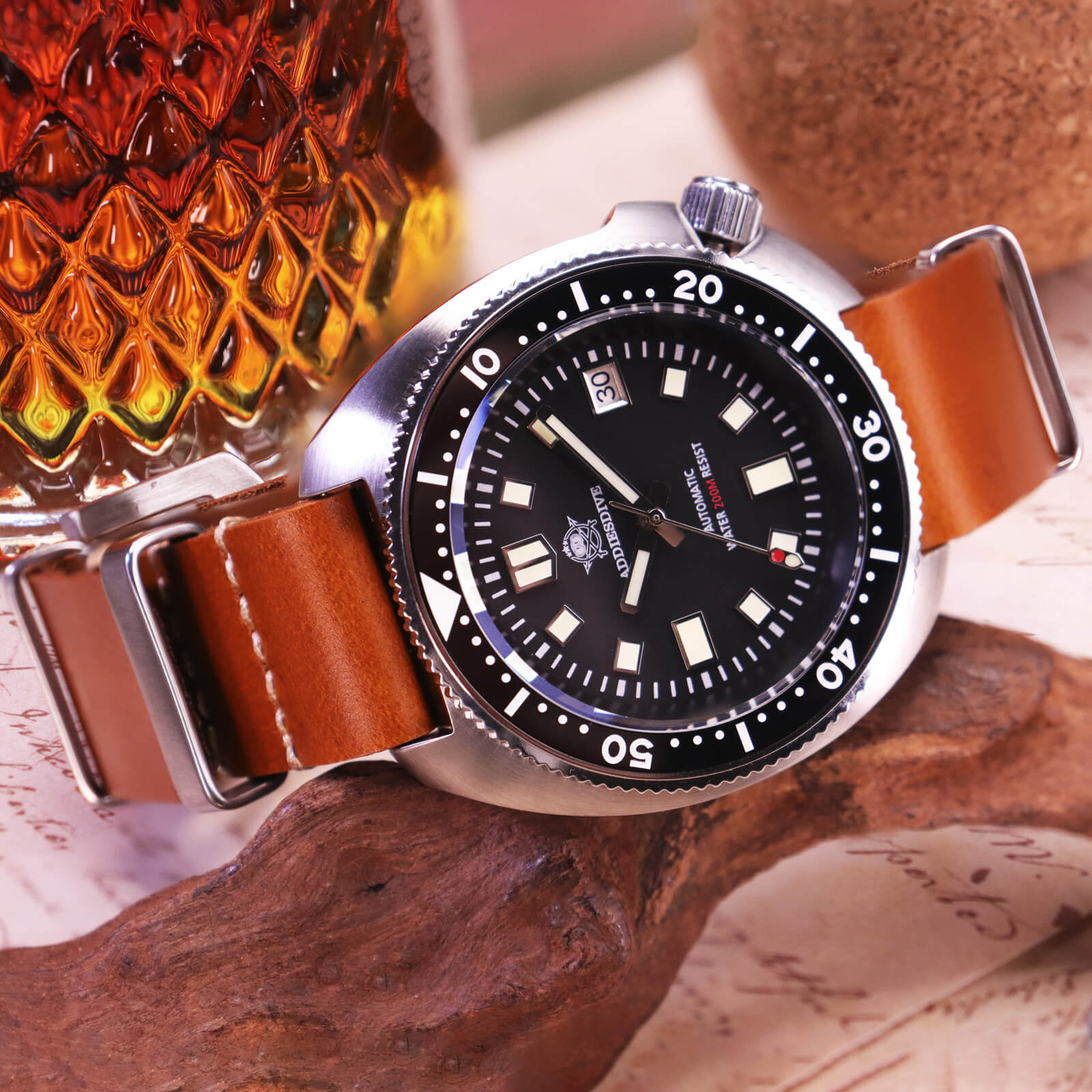 ADDIESDIVE® Reloj de buceo automático Captain Willard 200M( MY-H8)-divers watch-Esfera negra con correa de acero-