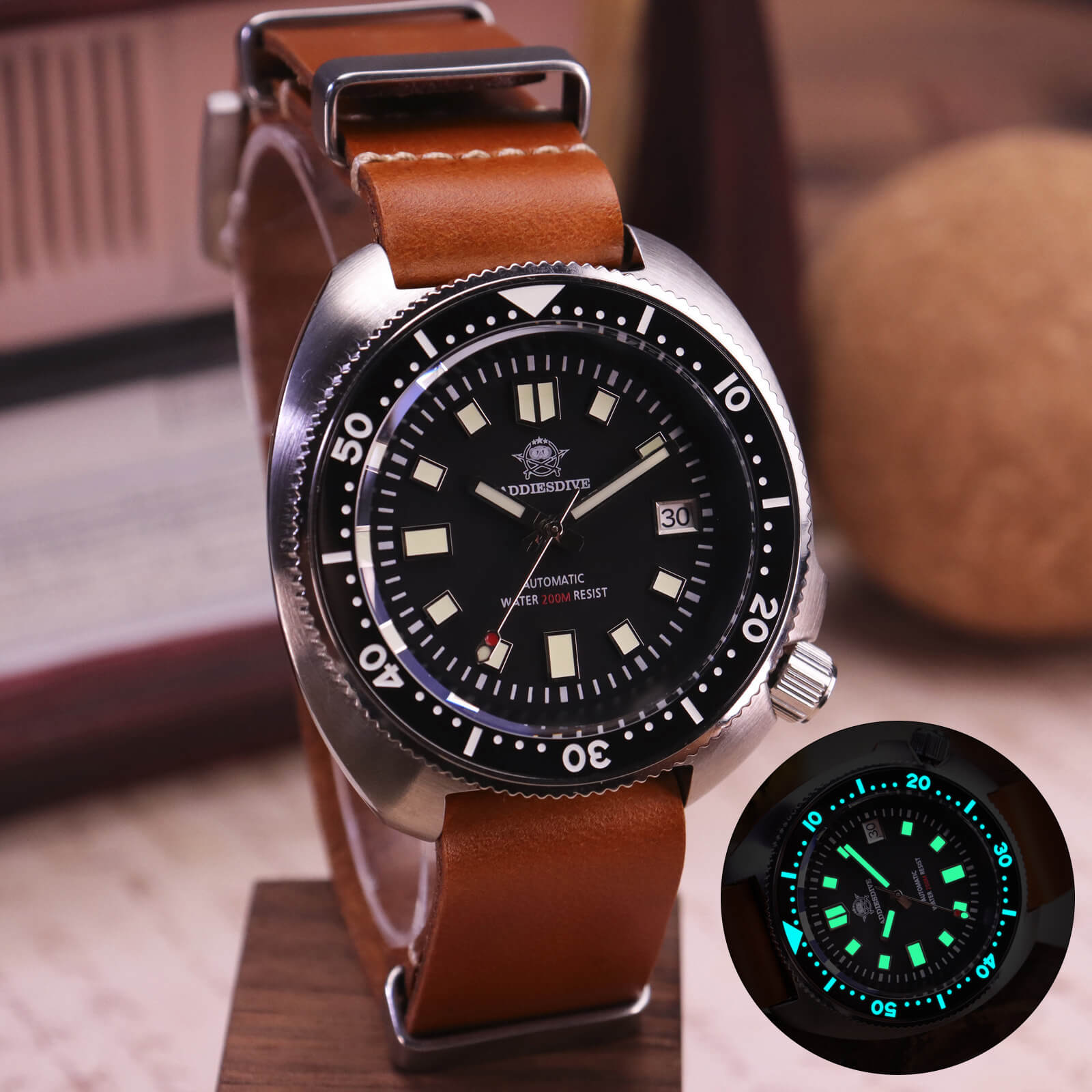 ADDIESDIVE® Reloj de buceo automático Captain Willard 200M( MY-H8)-divers watch-Esfera negra con correa de acero-