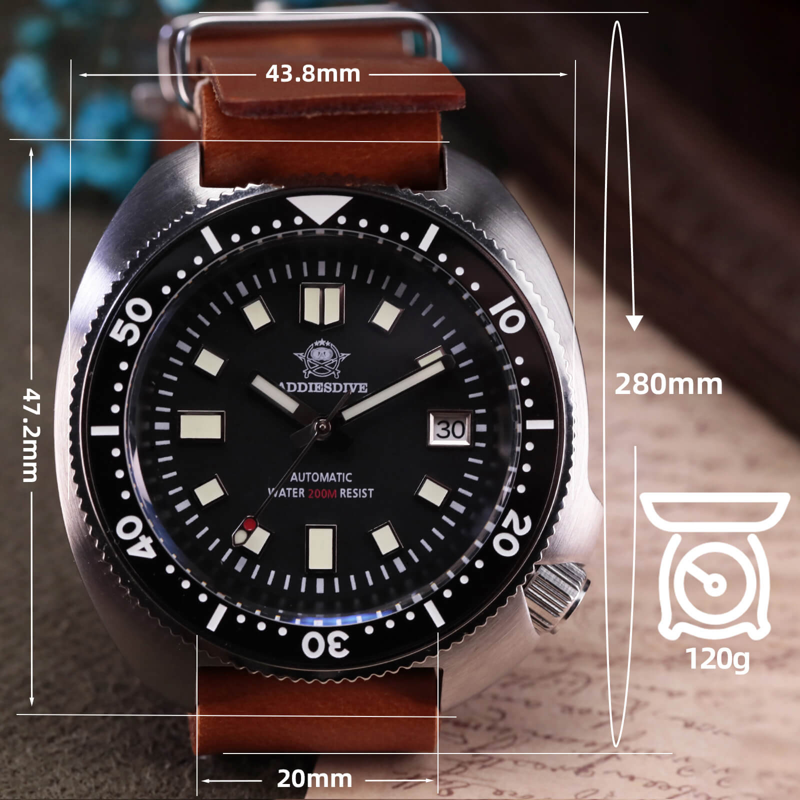 ADDIESDIVE® Reloj de buceo automático Captain Willard 200M( MY-H8)-divers watch-Esfera negra con correa de acero-
