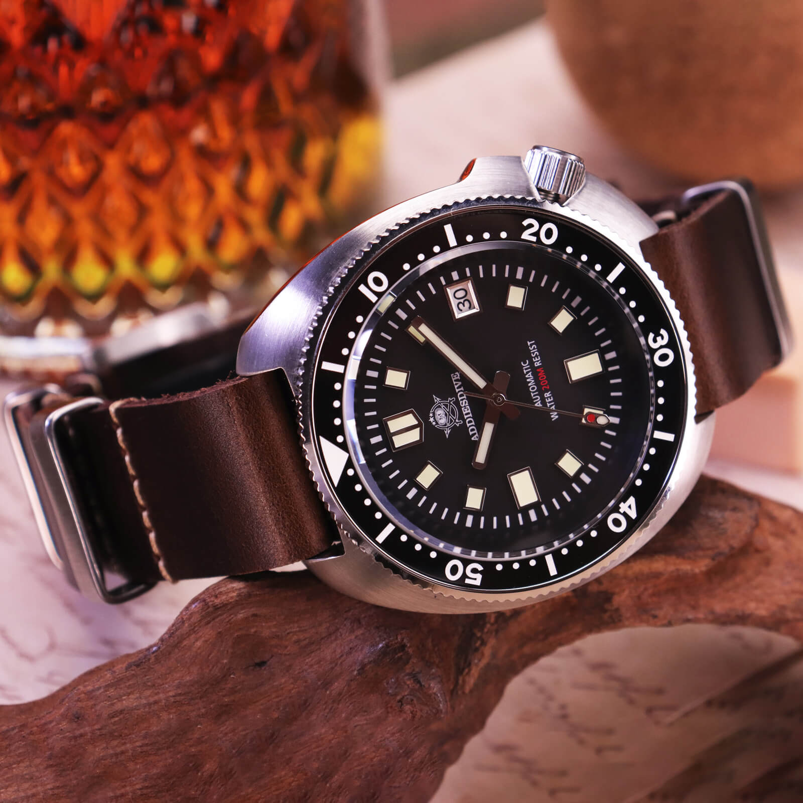 ADDIESDIVE® Reloj de buceo automático Captain Willard 200M( MY-H8)-divers watch-Esfera negra con correa de acero-