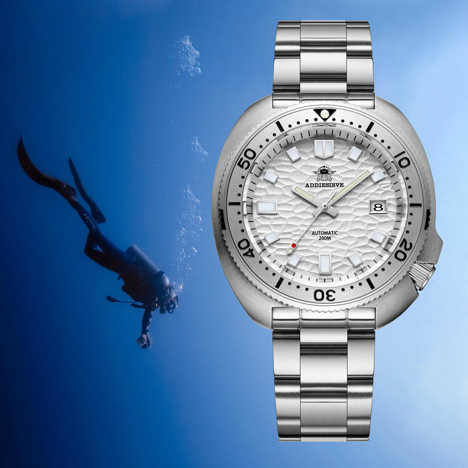 ADDIESDIVE®Reloj de buceo automático blanco tortuga 1970 Homenaje al capitán Willard ( AD2117)-divers watch-