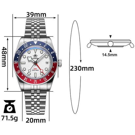 ADDIESDIVE Reloj de cuarzo 39mm BB58 GMT AD2044-Quartz watch-Correa de acero-Blanco-