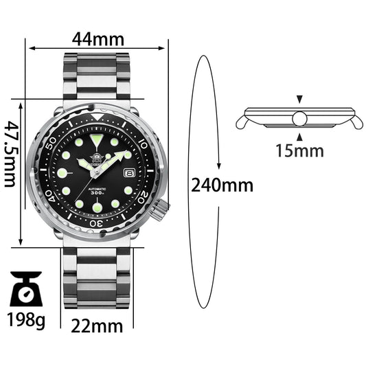ADDIESDIVE® Tuna 300M Reloj de buceo automático Tuna Diver 3 Colores ( MY-H5)-divers watch-Negro-Correa Oyster-